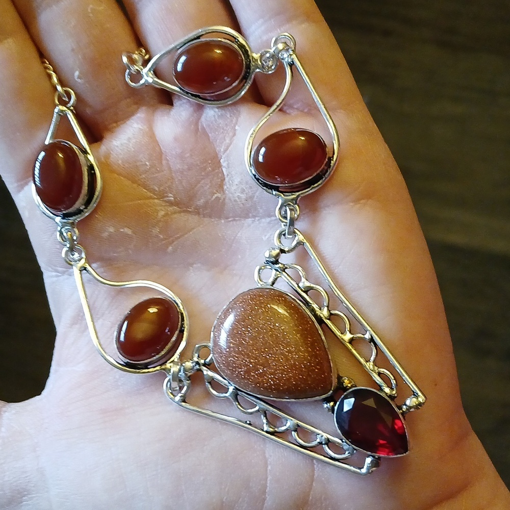 New Sun Sitara, Garnet, and Carnelian 925 Silver Necklace. 